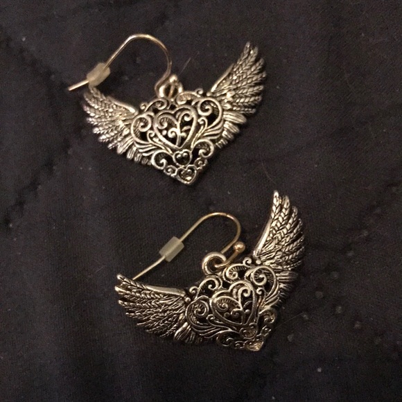 unmarked Jewelry - NWOT Intricate Silver Winged Heart Earrings shades of Harley Davidson